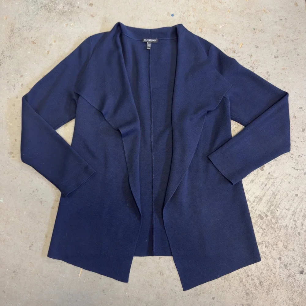 Eileen Fisher Petite Navy Blue Silk Organic Cotton Open Front Cardigan PL